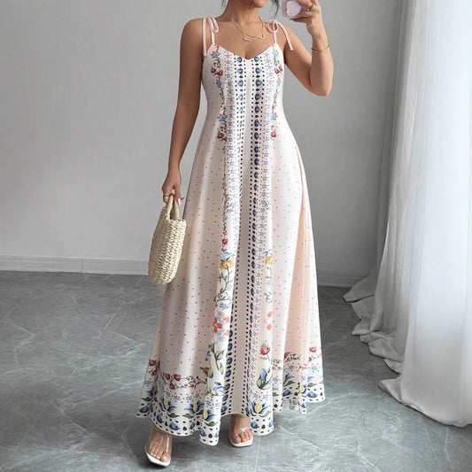 Women's Elegant Beautiful Flowers Print Featured Spaghetti Strap Dress