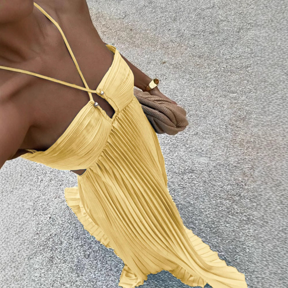 Summer Pure Color Pleated Sleeveless Suspender Dresses