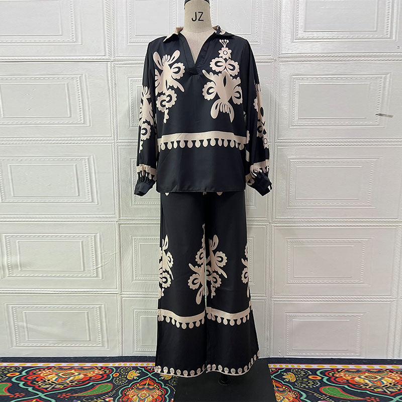 Women's Irregular Pattern Print Long Sleeve Trousers Suits