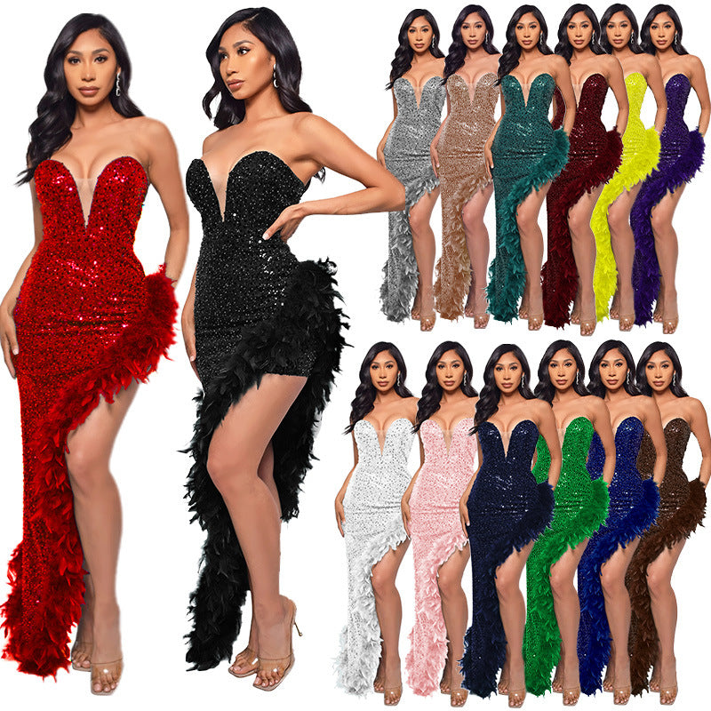 Women's Tube Sequined Feather Dress French Dresses