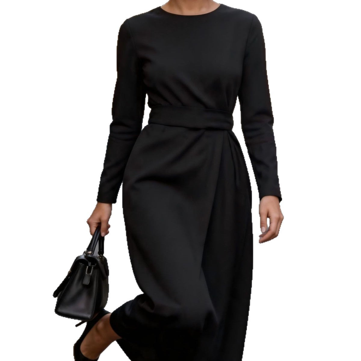 Women's Fashion Temperament Elegant Solid Color Long Sleeve Waist Dress