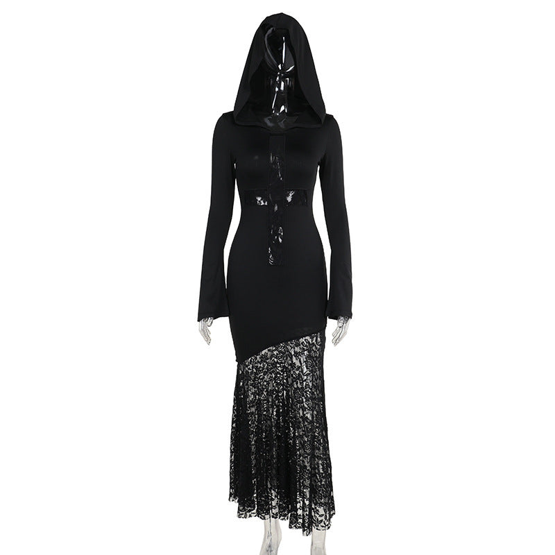 Women's Elegant Hooded Lace Cross Hollow Out Dresses