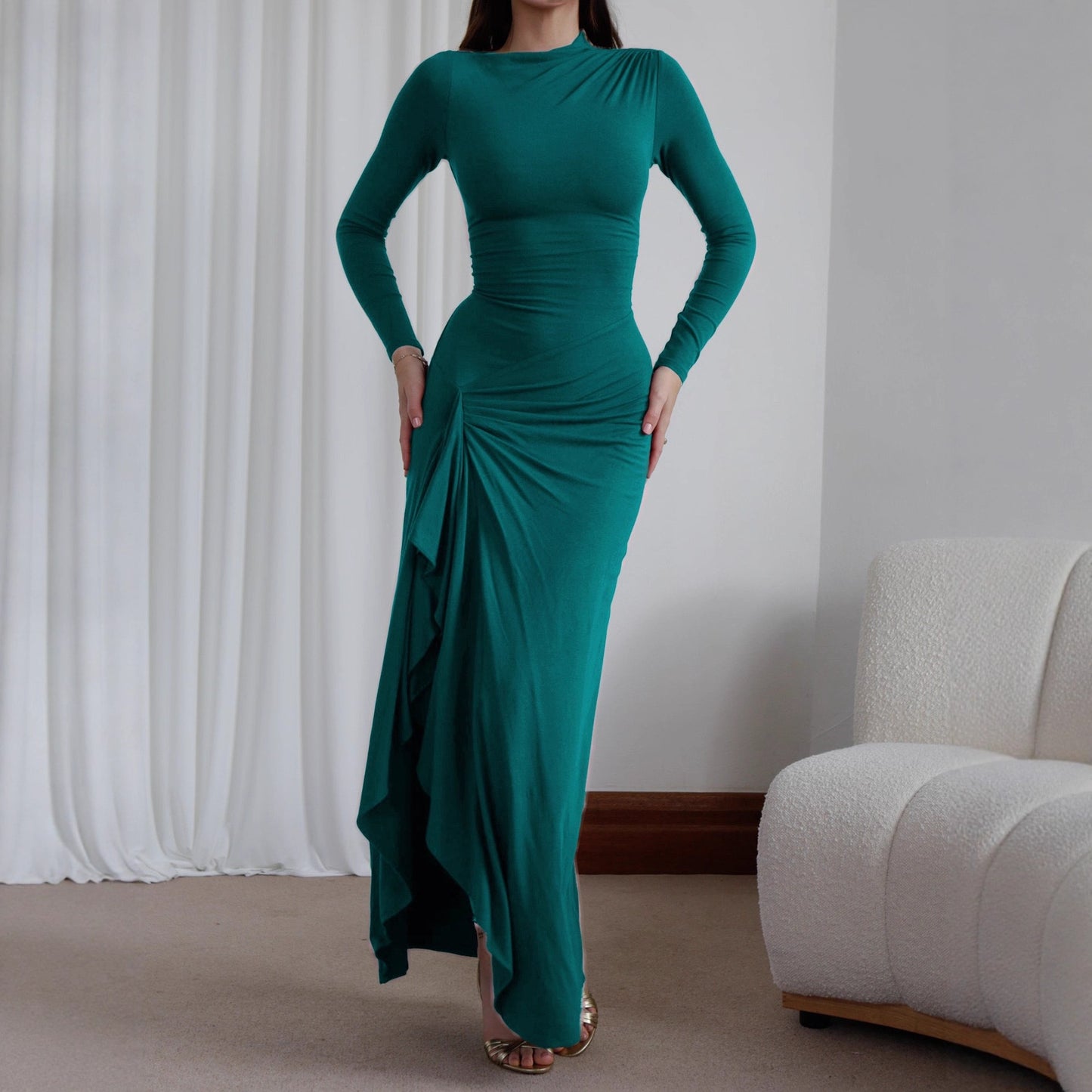 Women's Autumn Solid Color Round Neck Fashion Elegant Slit Dress