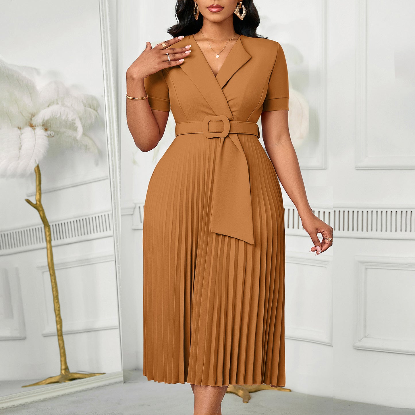 Sexy Sleeve Fashion Elegant Pleated High Waist Dress
