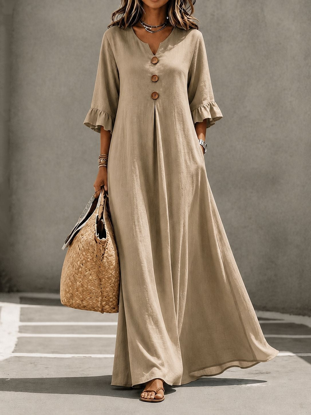 Women's Lotus Leaf Sleeve Pocket Long Fashion Dress