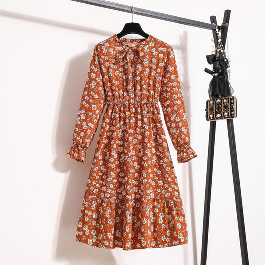 Women's Ruffled Floral Dress Tight Waist Graceful Dresses
