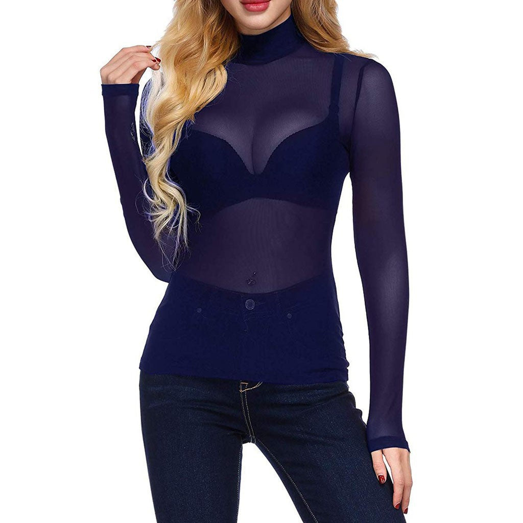 Women's Tight Sexy Mesh Bottoming Shirt Transparent Long Sleeve Blouses
