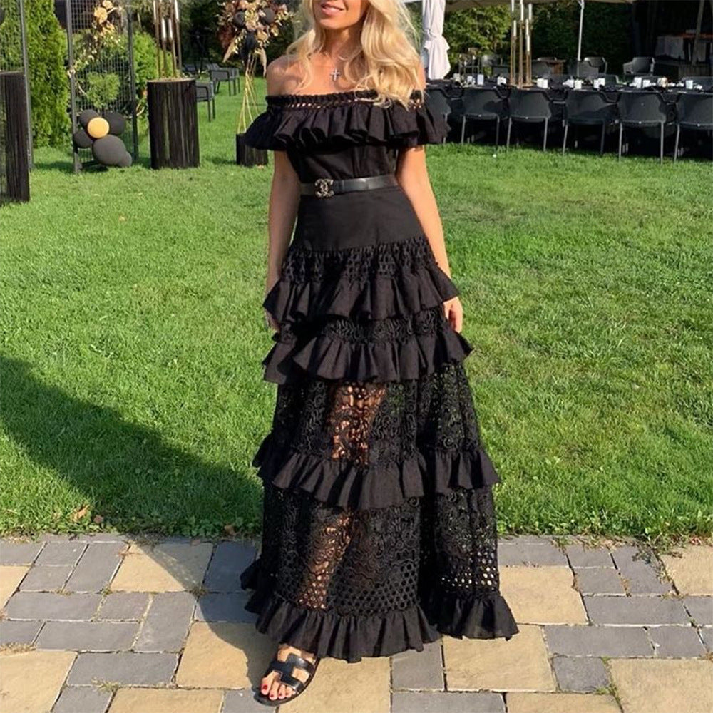 Women's Ruffled Hollow White Wide Hem Lace Dresses