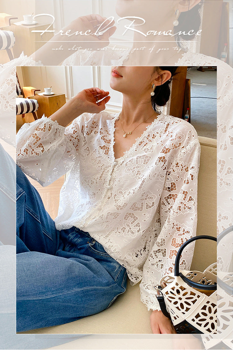 Women's Autumn Embroidery Classic Style French Shirt Long Sleeve Blouses