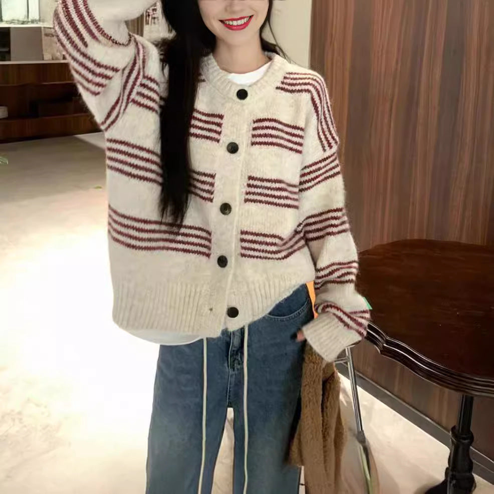 Women's Striped Contrast Color Long Sleeve Autumn Loose Slimming Women's Sweater