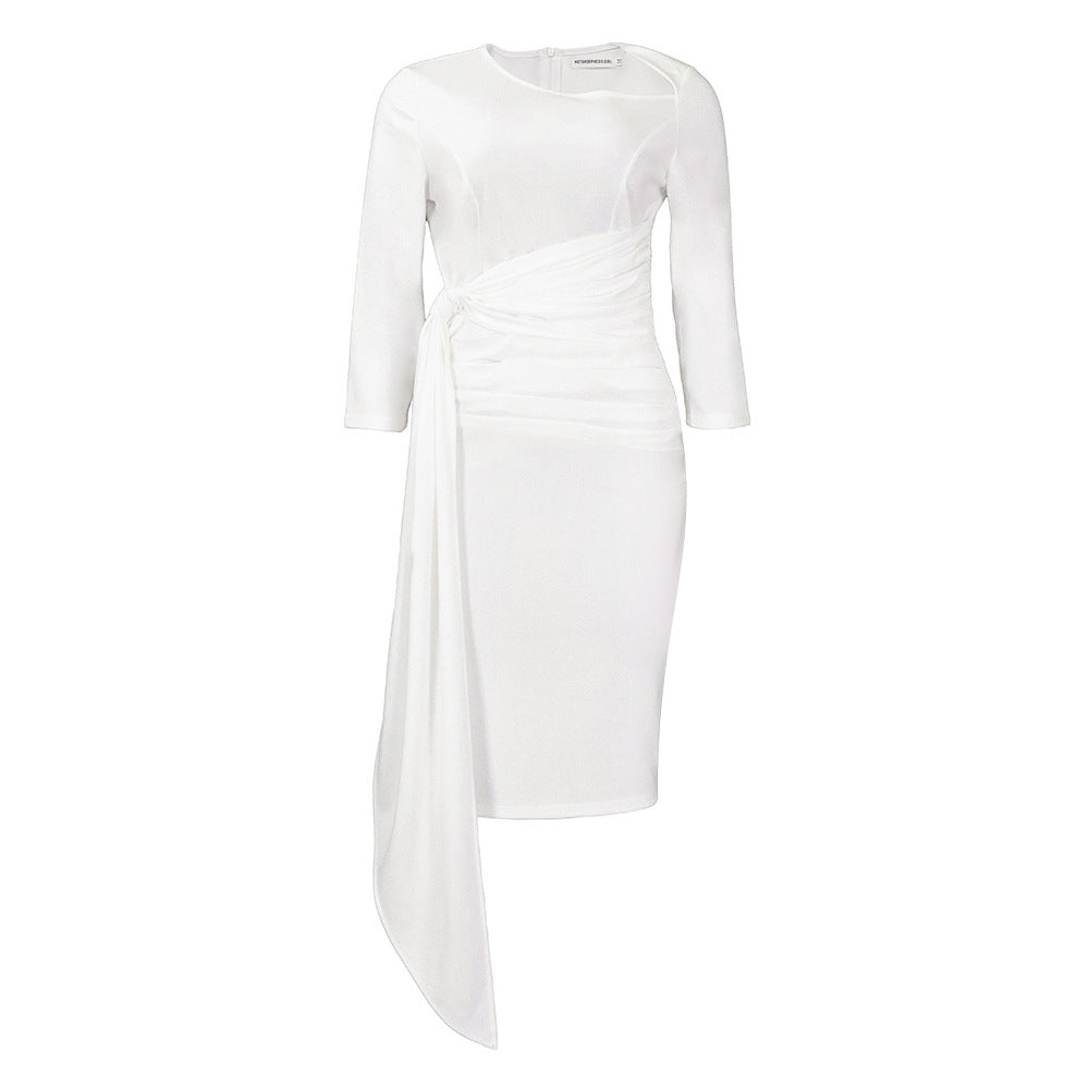 Women's Pleated Bandage Solid Color Sheath Business Temperament Plus Size