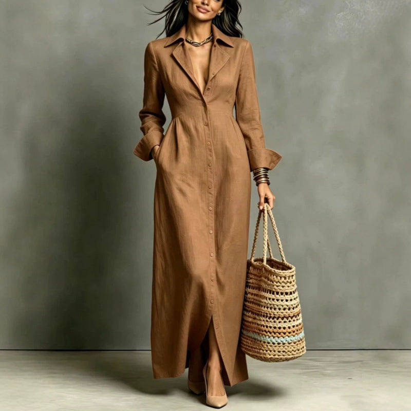Casual Pocket Solid Color Breasted Lapel Dress
