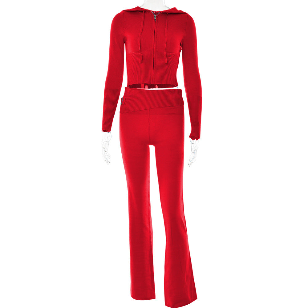 Women's Knitted Hooded Fashion Sexy High Waist Long-sleeved Trousers Suits