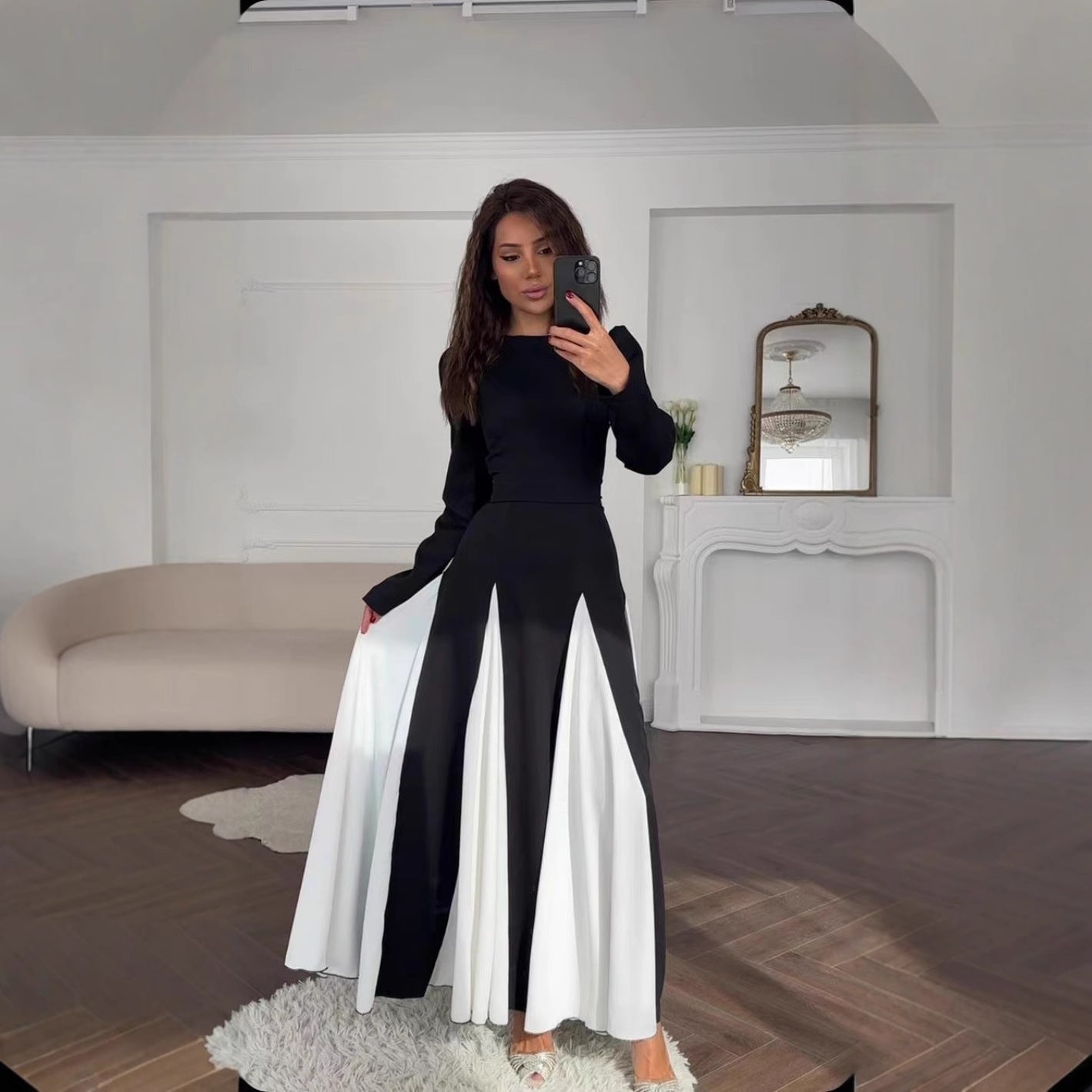 Women's Contrast Color Long Sleeve High Waist Dresses