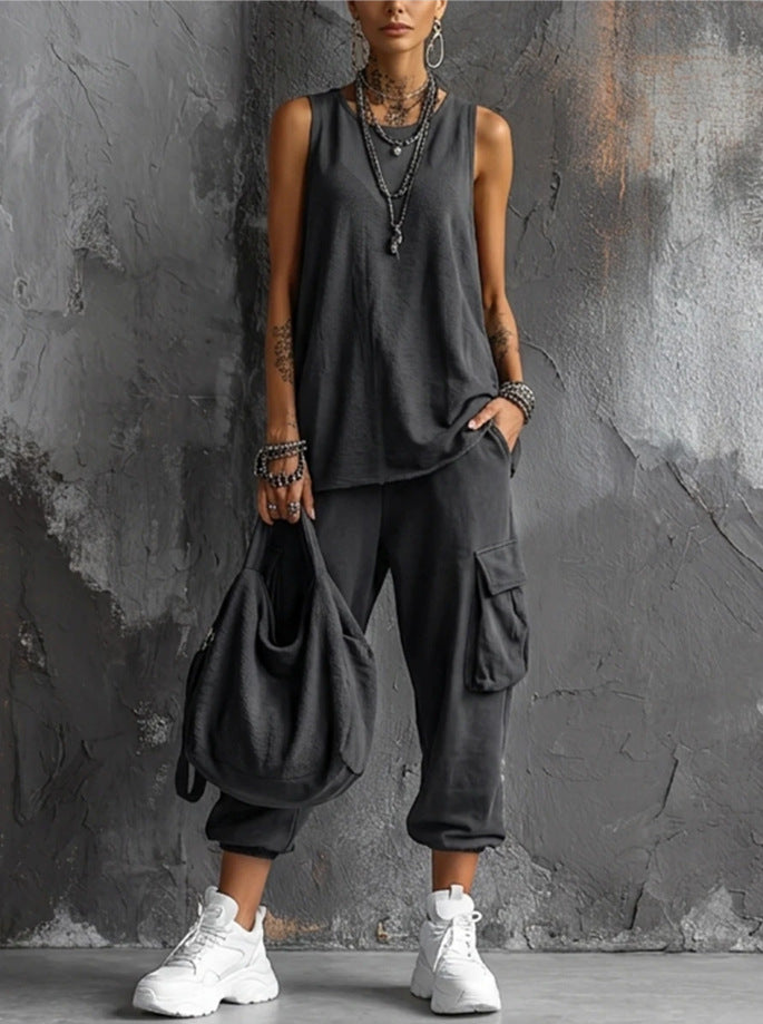 Women's Summer Sleeveless Round Neck Overalls Two-piece Fashion Casual Suit