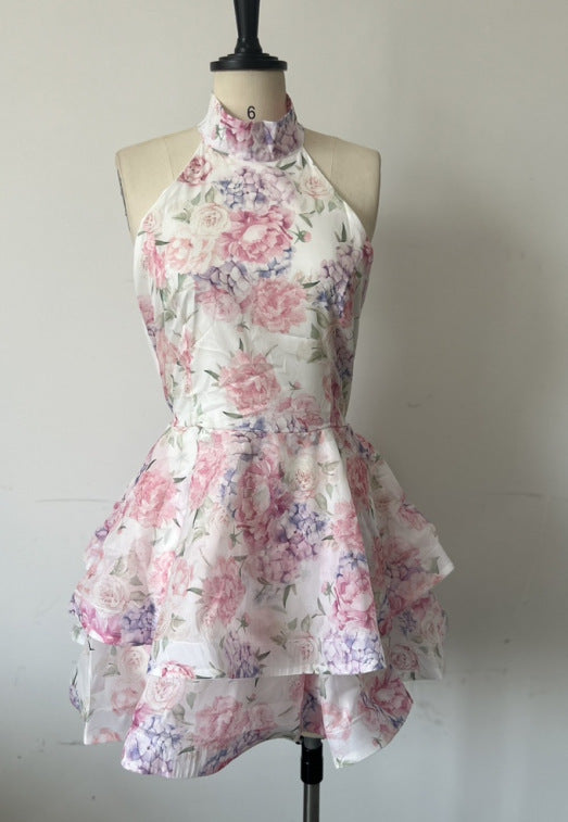 Women's Sweet Elegance Printed Backless Lace Up Dresses