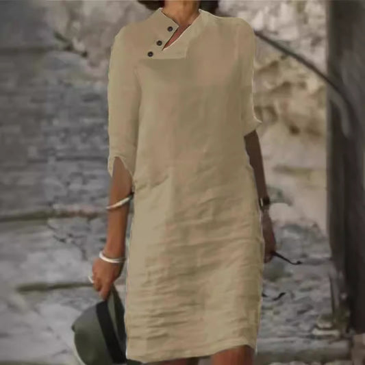 Casual Stand Collar Button Cotton Linen Solid Color Dresses
