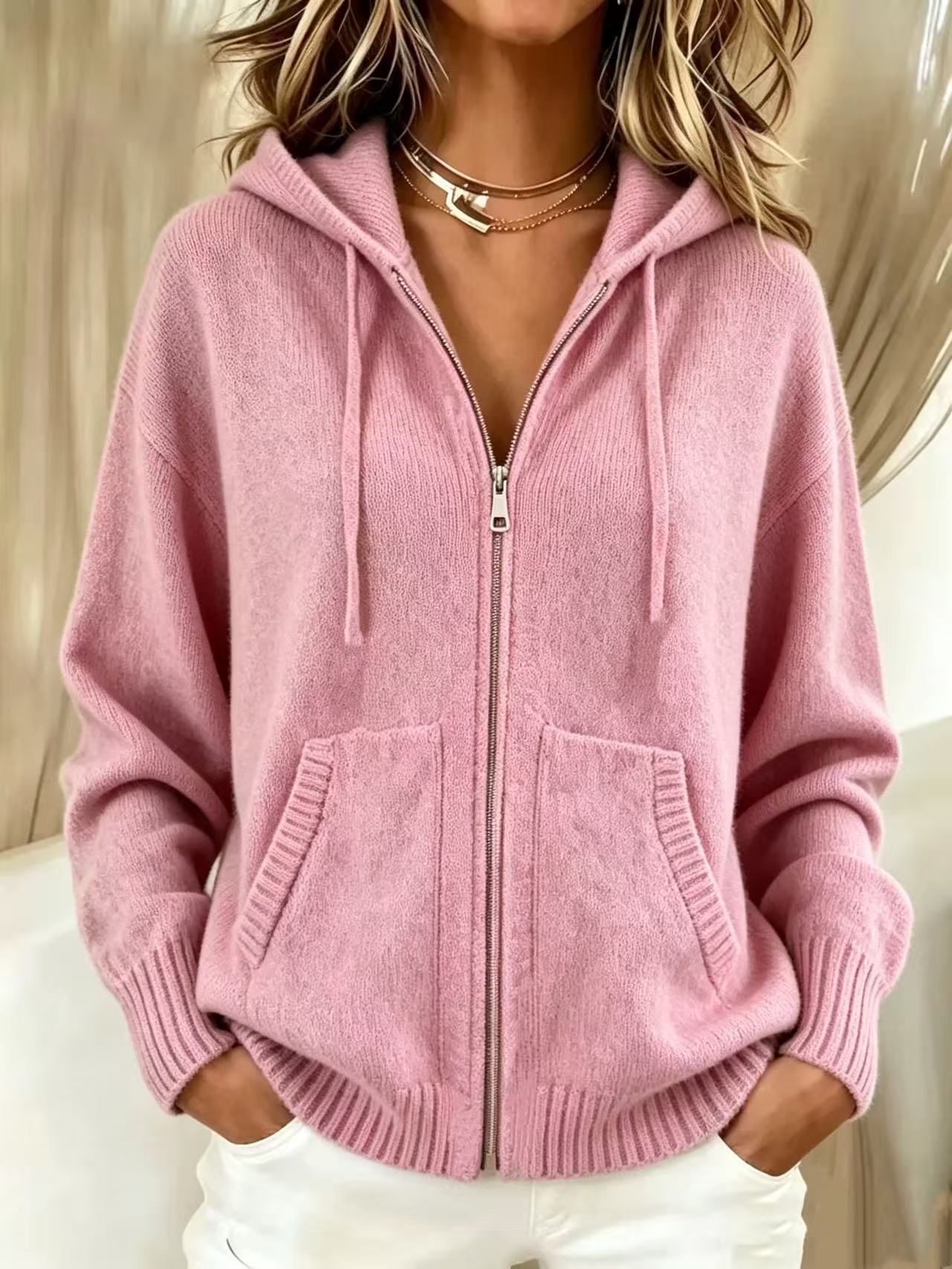 Women's Solid Color Hooded Zipper Loose Knitted Women's Sweater