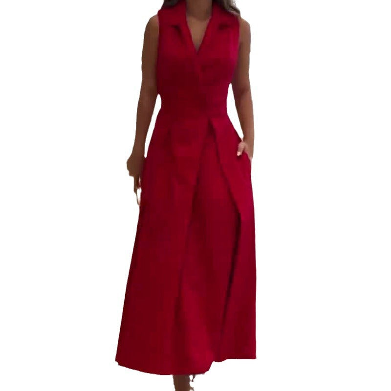 Autumn Solid Color Polo Collar Pleated Long Dresses