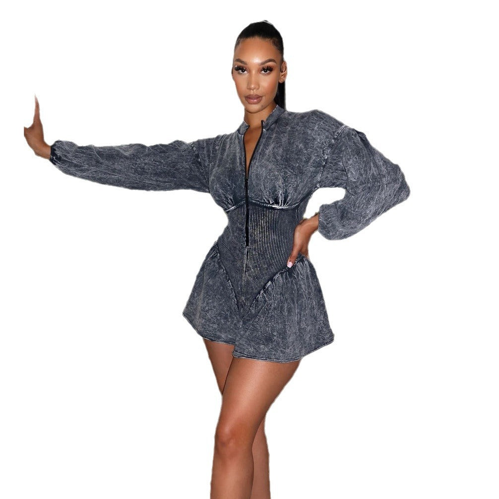 Women's Half Zipper High Waist Shaping Distressed Long Jumpsuits