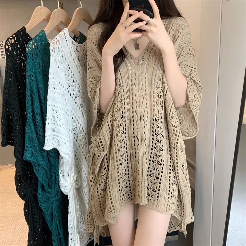 Women's Mid-length Batwing Sleeve Smock Tied Pure Desire Sexy Cutout Knitted Tops