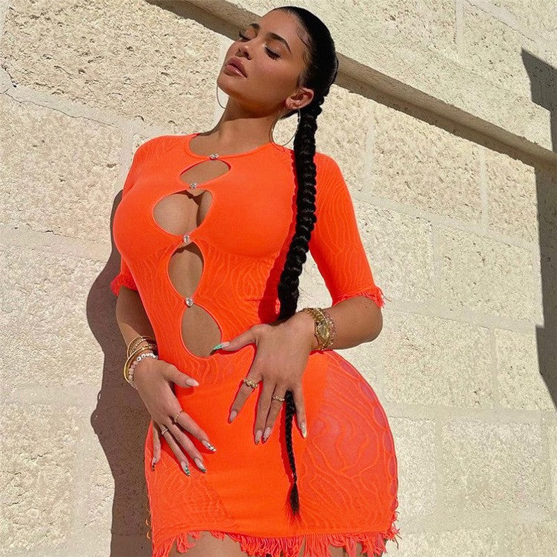 Women's Summer Short-sleeved Hollow Pattern Fashion Sexy Dress