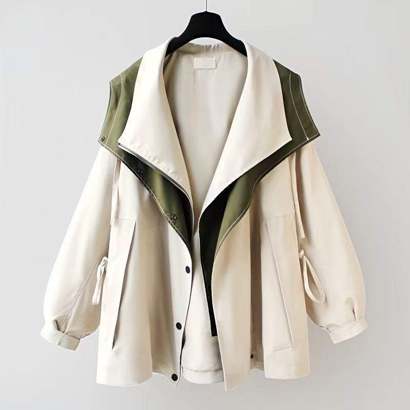 Women's Autumn Loose Lapels Hooded Zipper Patchwork Coats