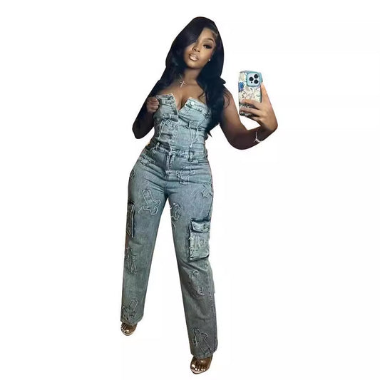 Tube Embroidered One-piece Trousers Cross Elastic Jumpsuits