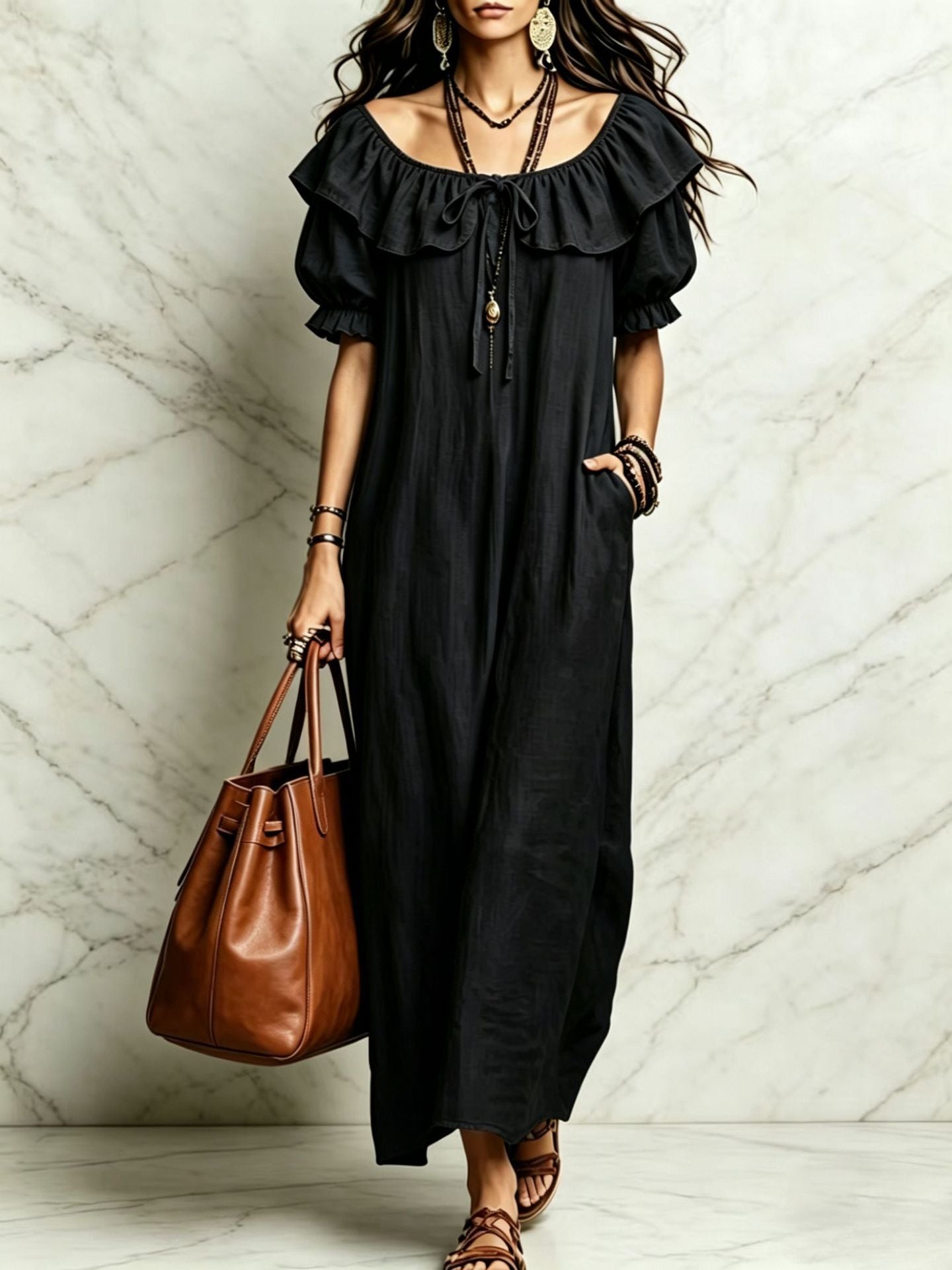 Loose Round Neck Ruffled Leisure Temperament Seaside Dress