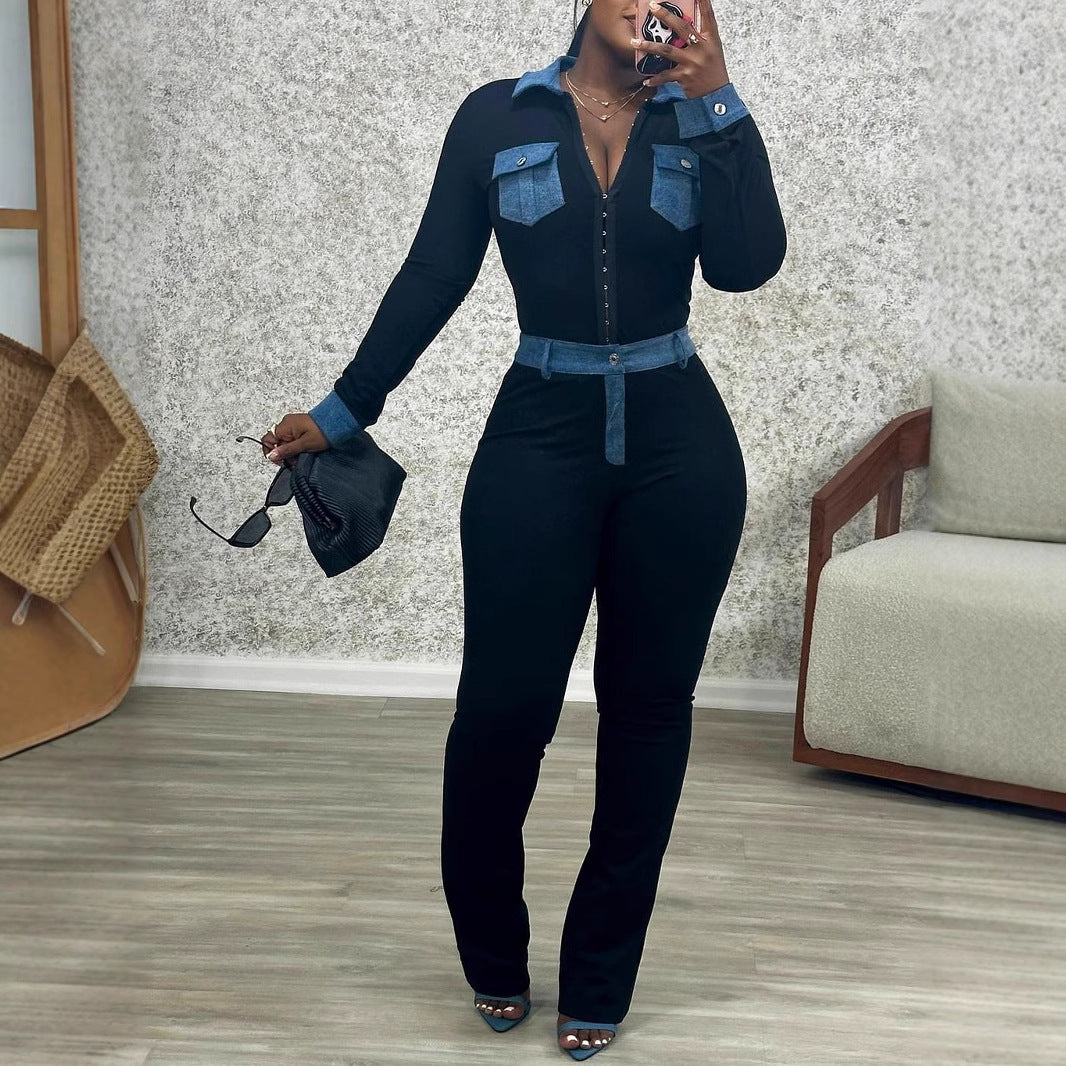 Women's Fashion Denim Stitching Sexy High Waist Suits