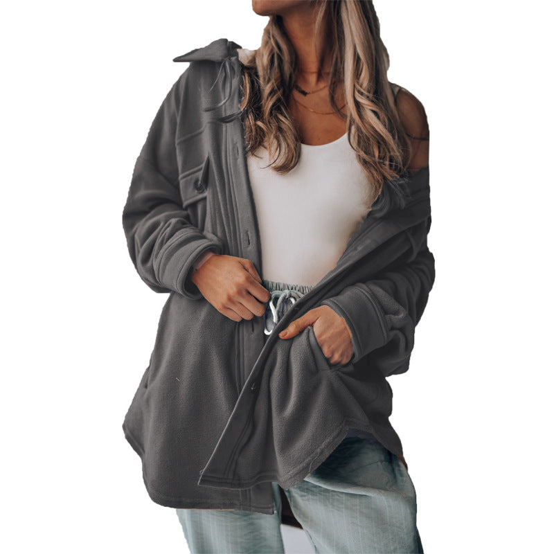 Women's Fashion Long Sleeve Single-breasted Fleece Shirt Coats