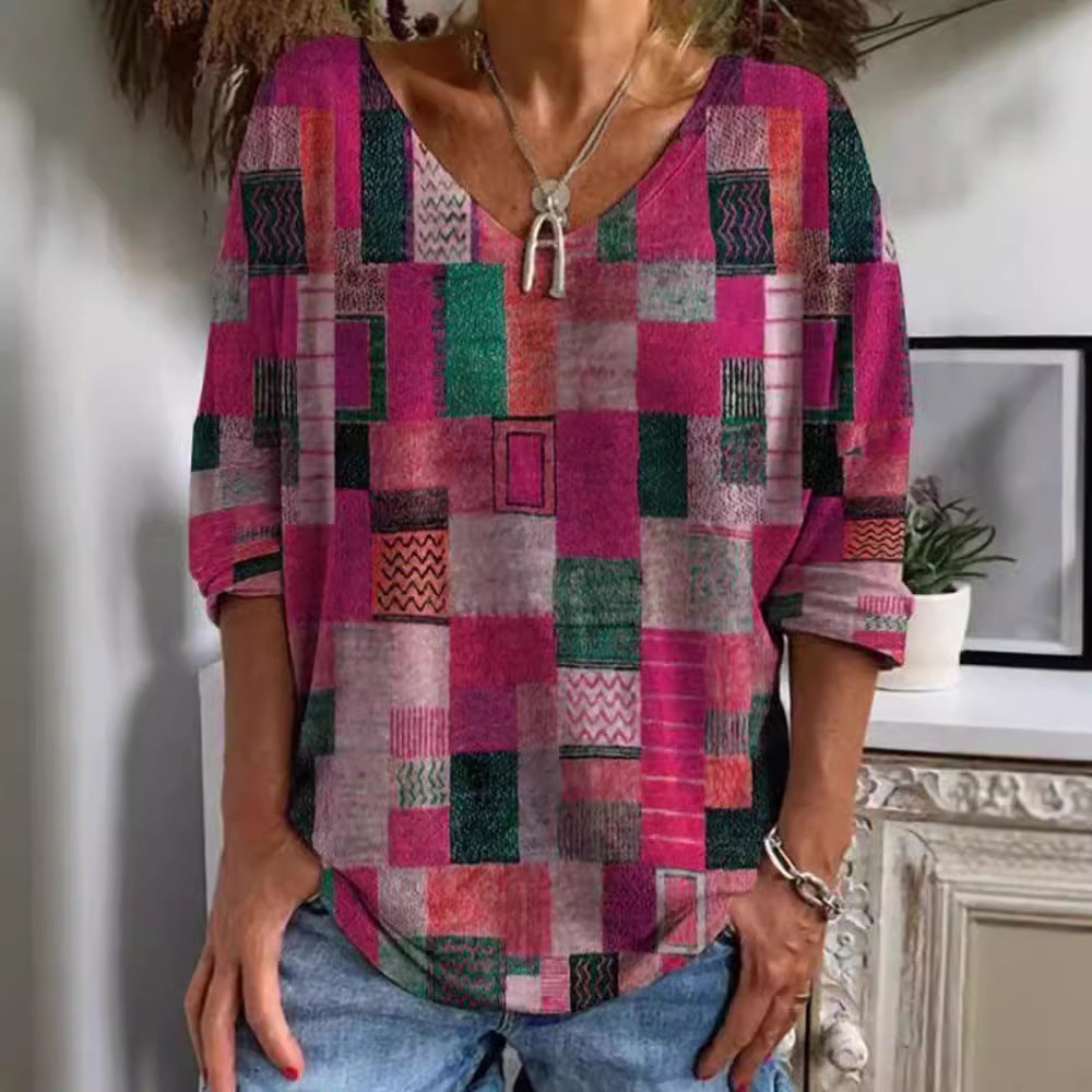 Women's Long Sleeve Loose Pullover Ethnic Digital Blouses