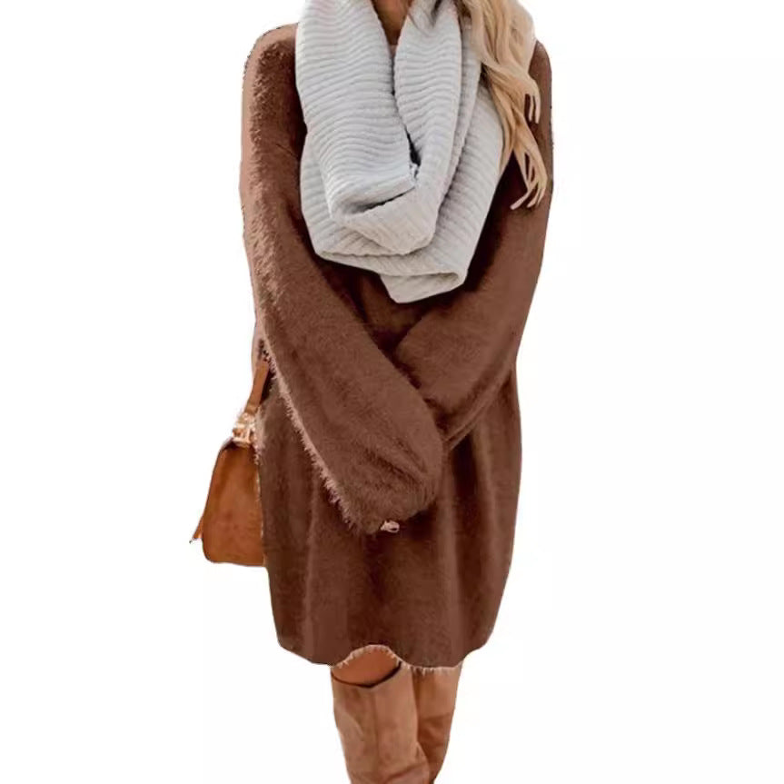 Women's Long Sleeve Round Neck Loose Plush Dresses
