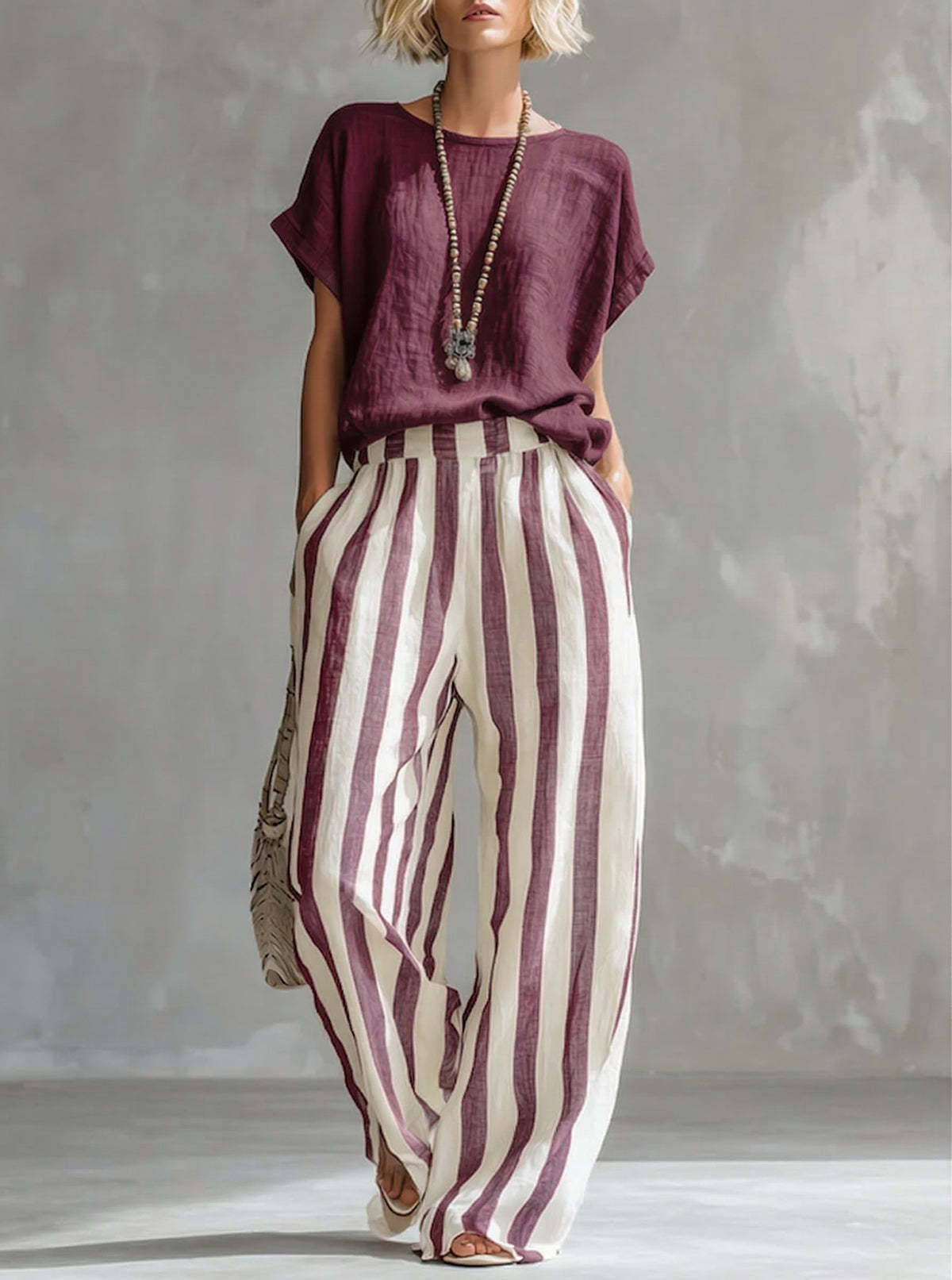 Women's Round Neck Straight Striped Trousers Fashion Casual Suit