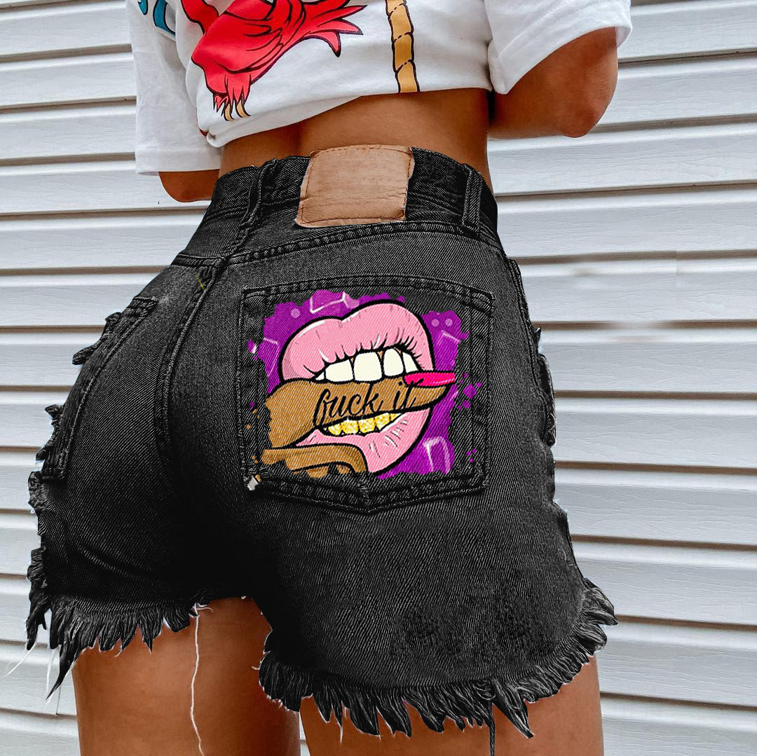 Women's Mouth Bite Finger Printed Fashion Holes Jeans