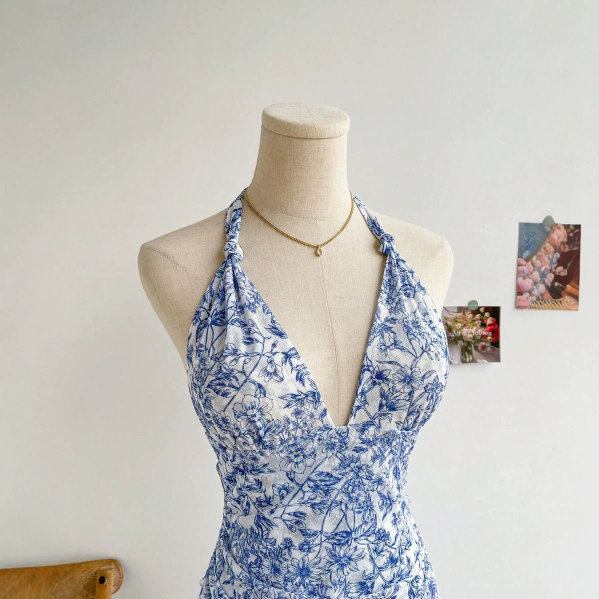 Blue Floral Fashion Temperament Leisure Sweet Mesh Dress
