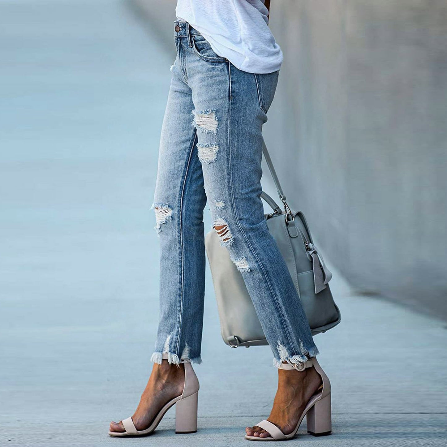 Women's Tight-fitting Solid Color Denim With Hole Jeans