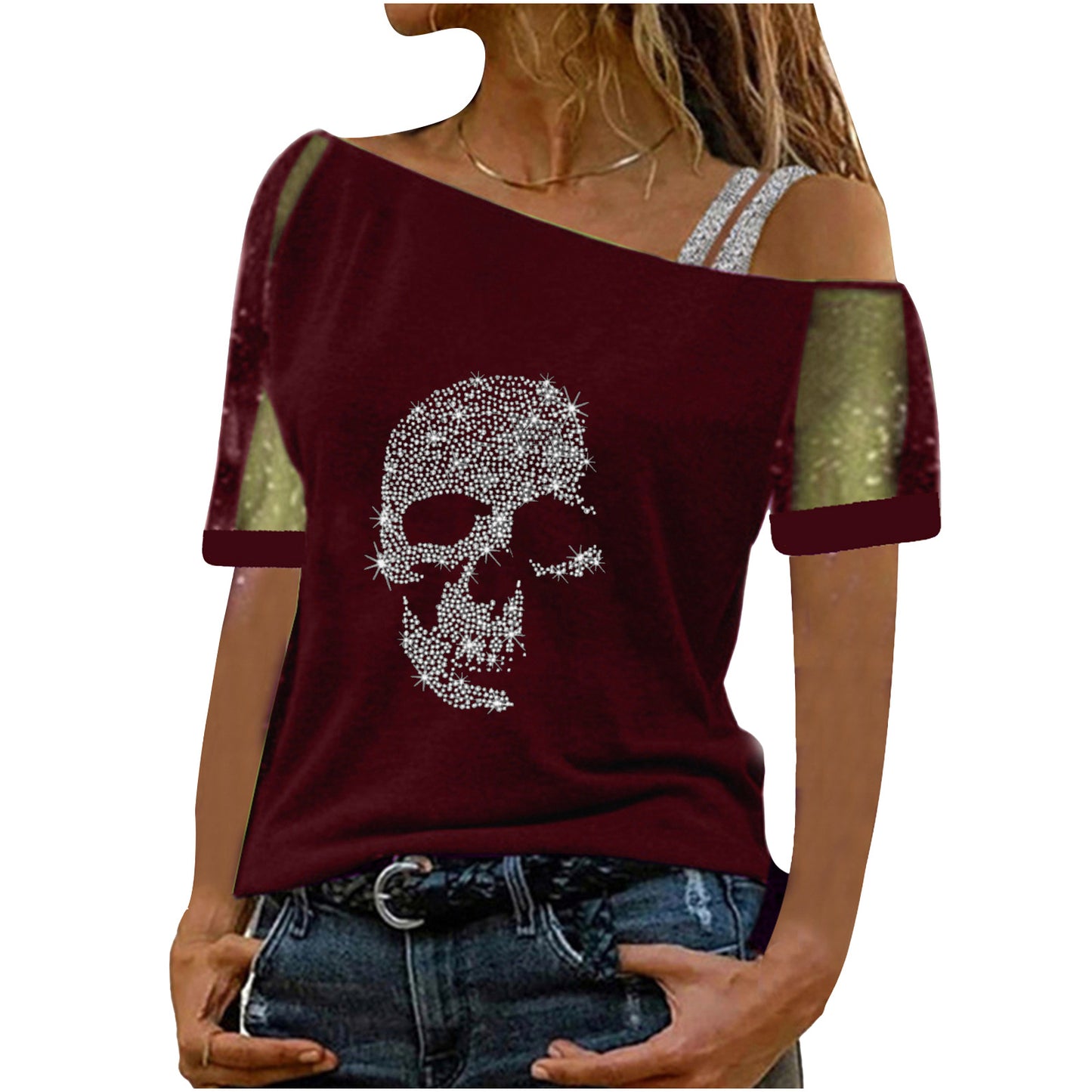 Rhinestone Diagonal Collar Gauzy Short-sleeved T-shirt Blouses