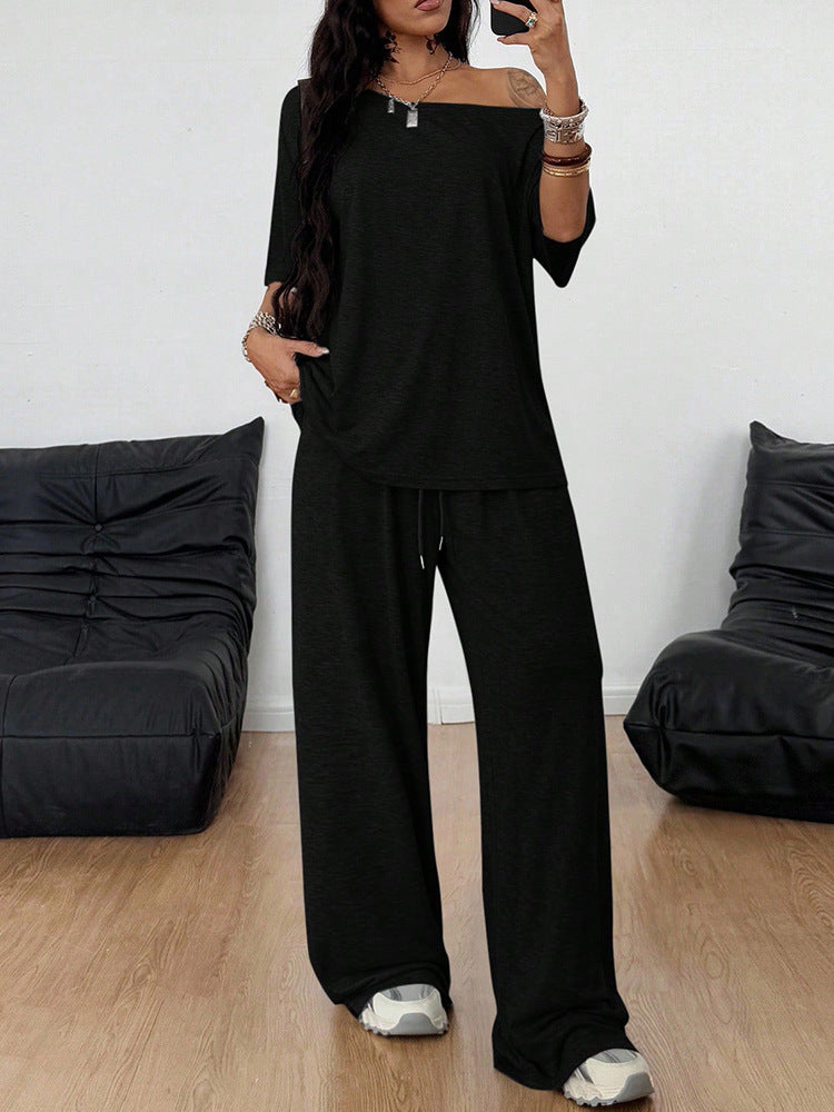 Women's Diagonal Collar Wide Leg Solid Color Sports Two-piece Loose Suits