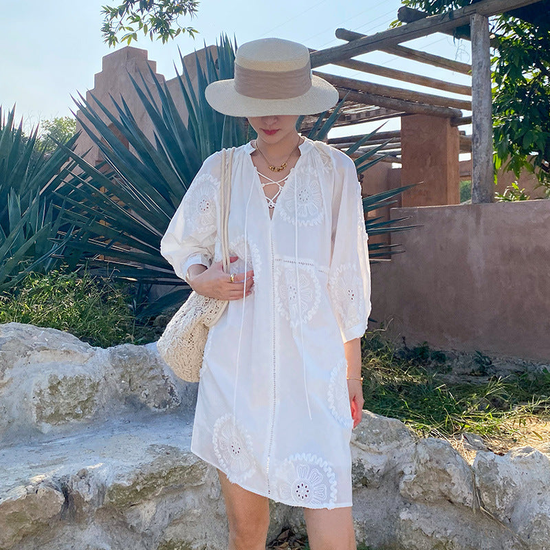Women's White A- Line Texture French Style Vacation Dresses