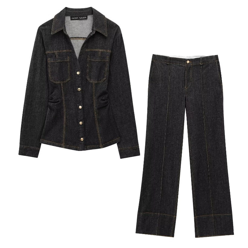 Women's Spring Lapel Long Sleeve Denim Shirt Suits