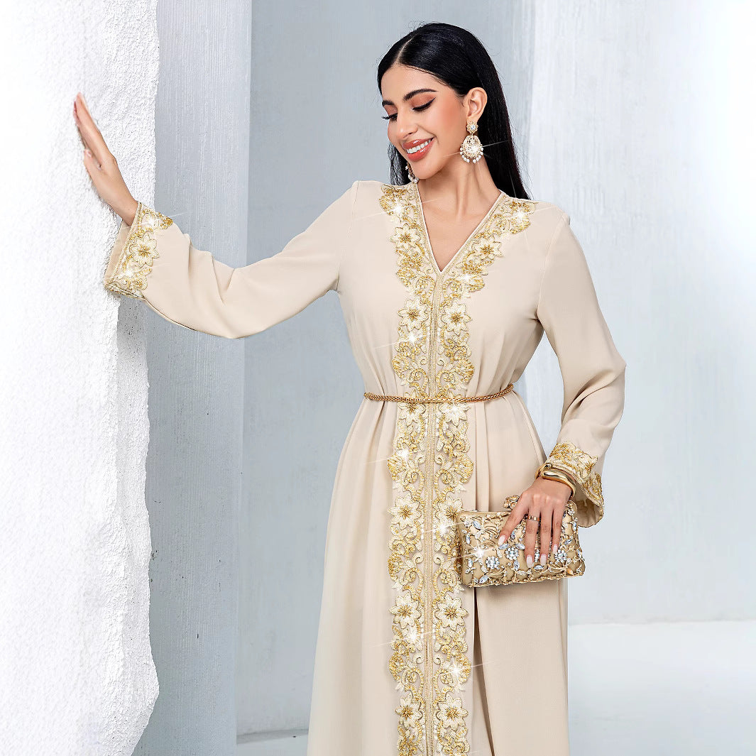 Beige A- Line Fashionable Golden Lace Dresses
