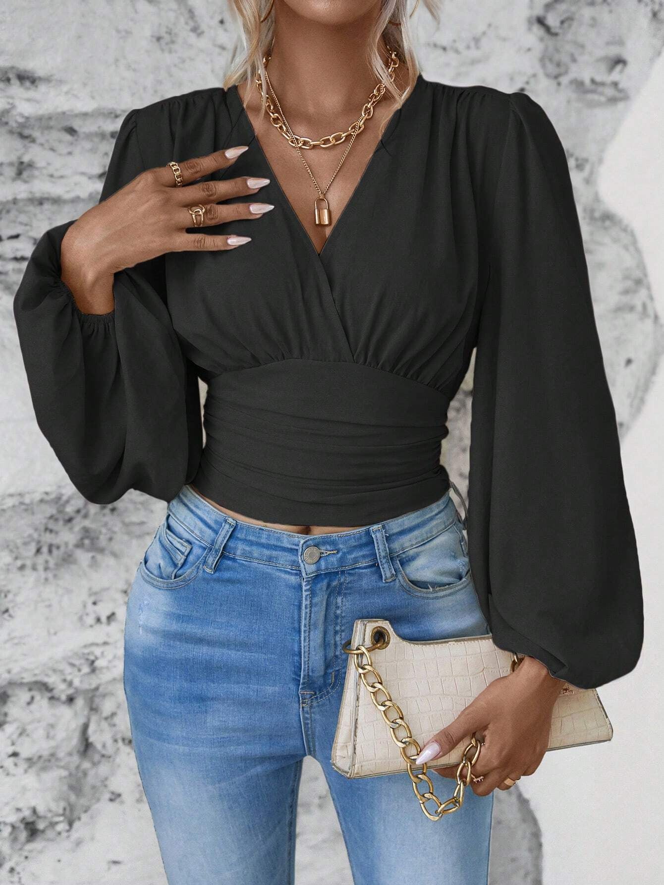 Women's Fashion Tight Waist Sleeve Solid Color Blouses