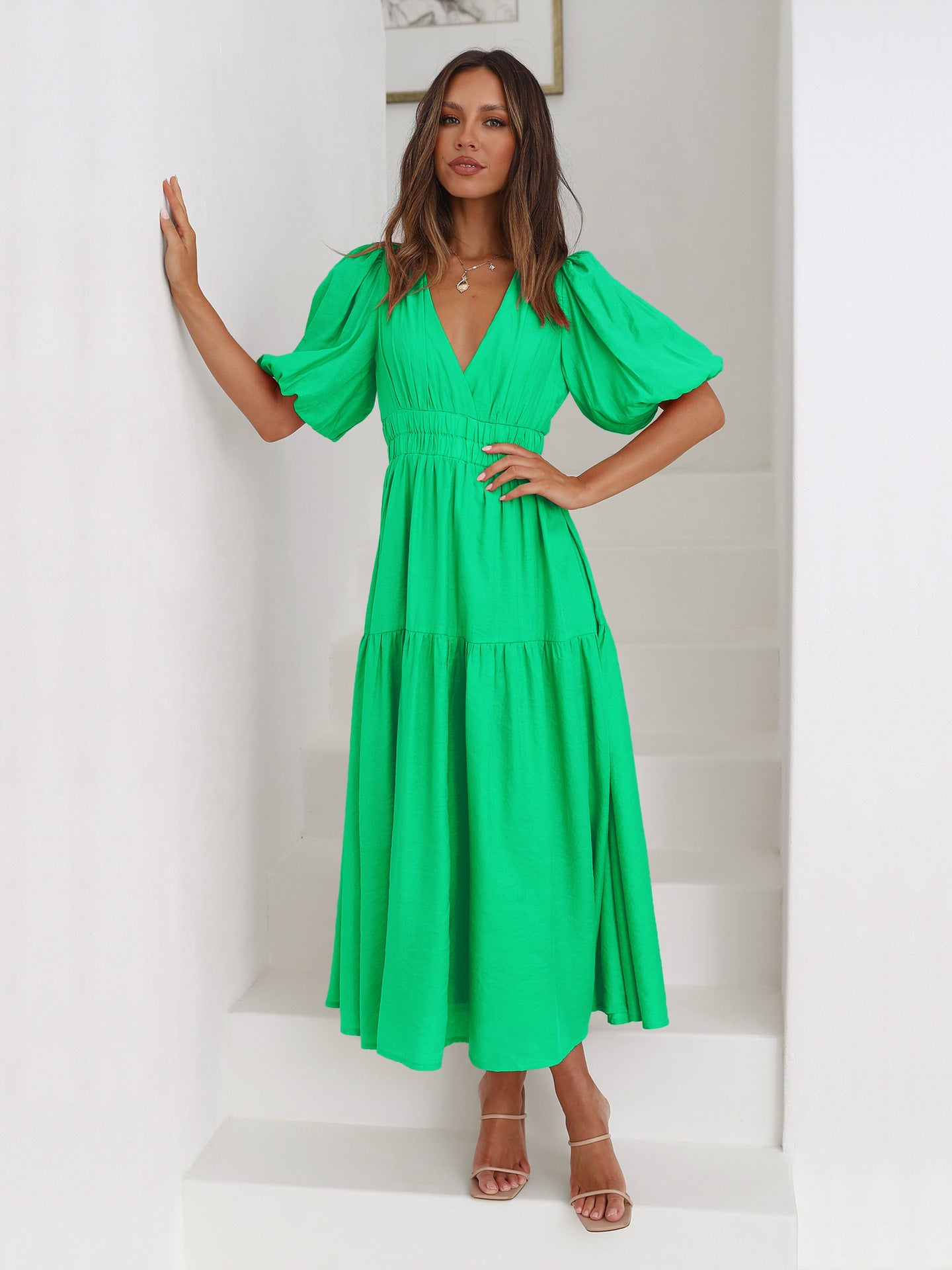 Women's Fashion Wear Summer High-grade Deep V Puff Sleeve Dress