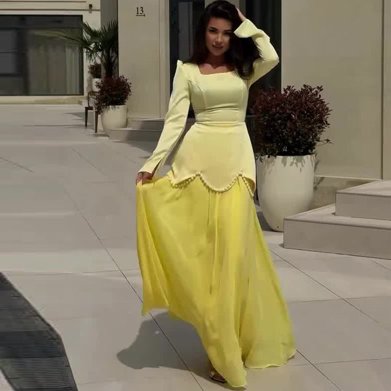 Women's Collar Long Sleeve Elegant Pearl Decoration Dresses