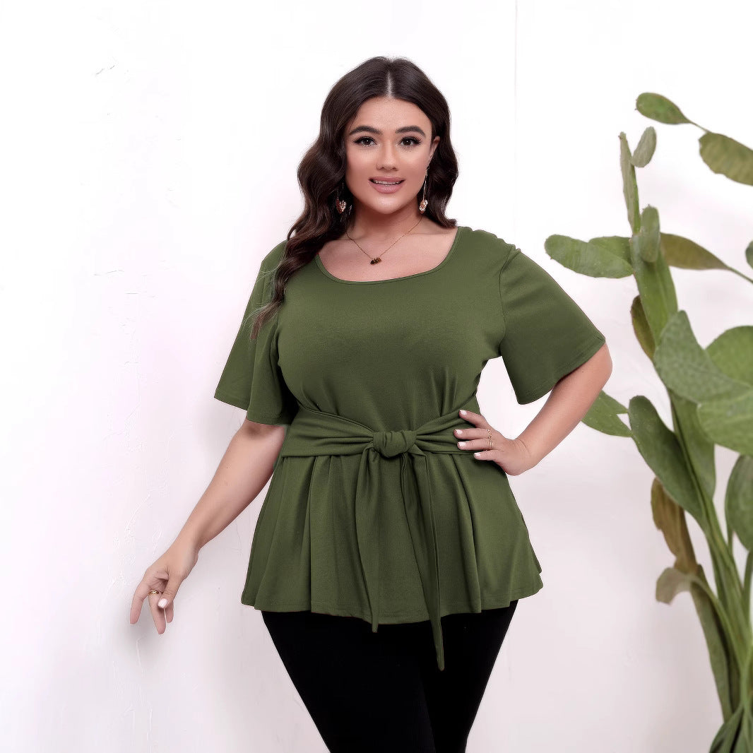 Women's Simple Short-sleeved Round Neck Waistband Slimming Blouses