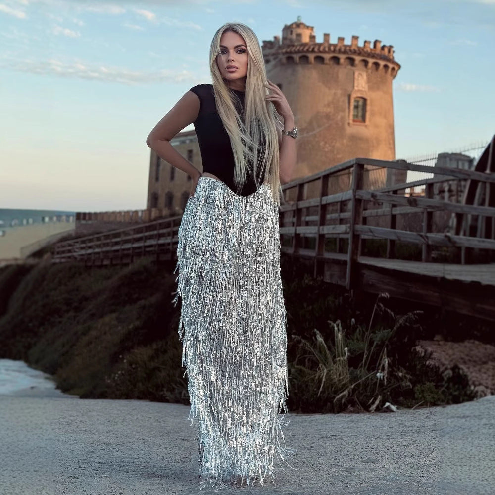 Women's Summer Tassel Sequin Long High Waist Suits