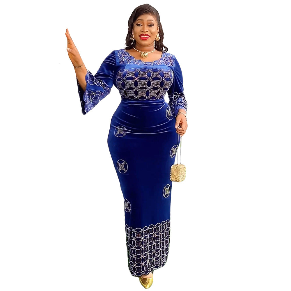 Fashion Rhinestone Long Dress African Flannel Dresses
