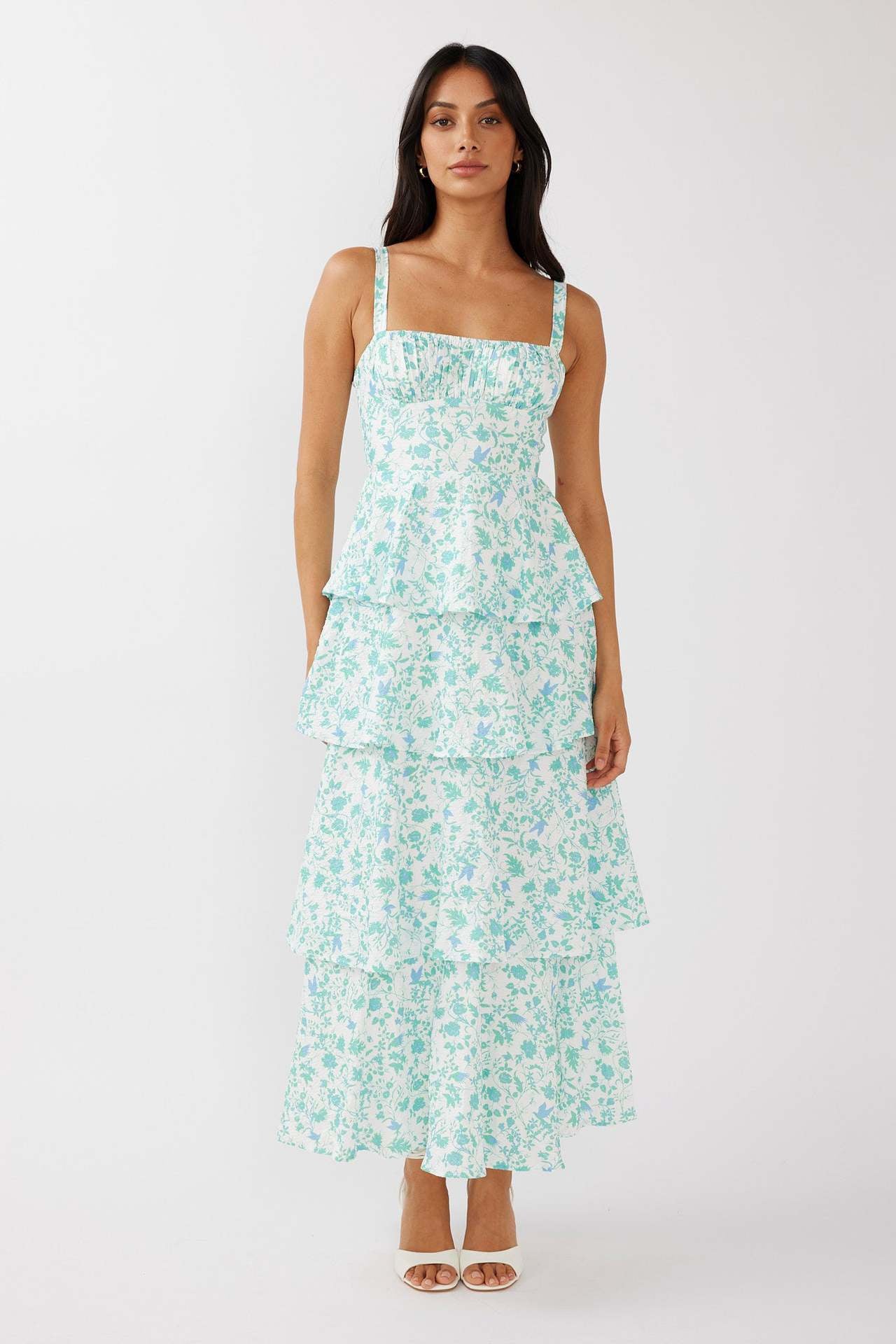 Women's Waist Trimming Spaghetti Straps Printed Long Dresses
