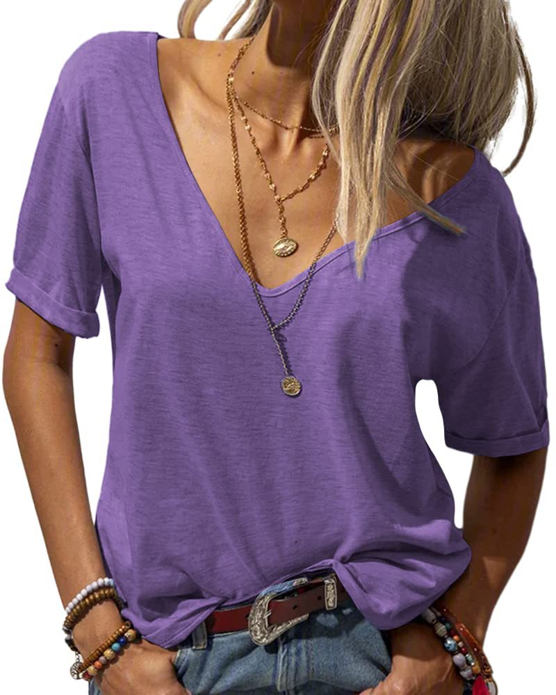 Women's Fashion Deep Collar Sleeve Solid Color Blouses